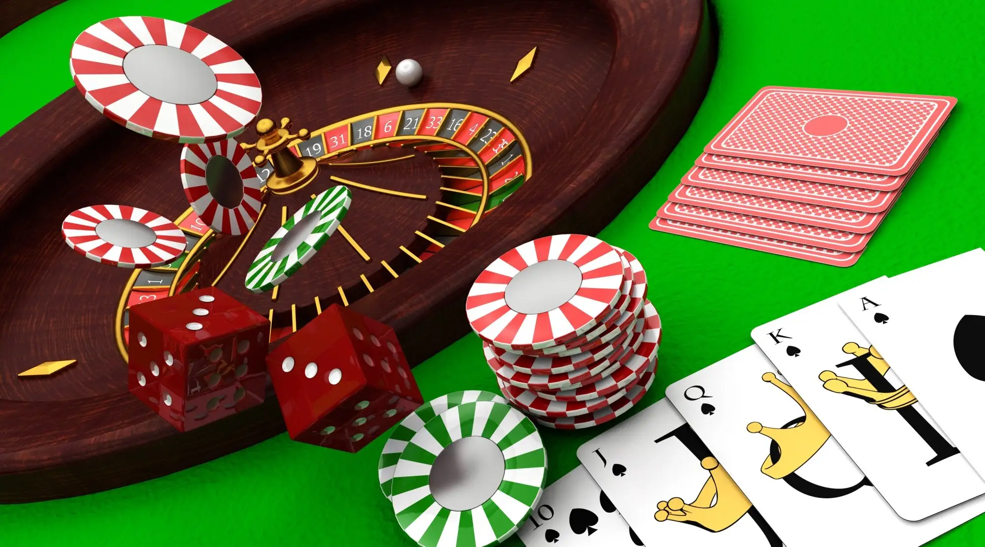 Rulettbord med pokerbrikker, terninger og spillkort