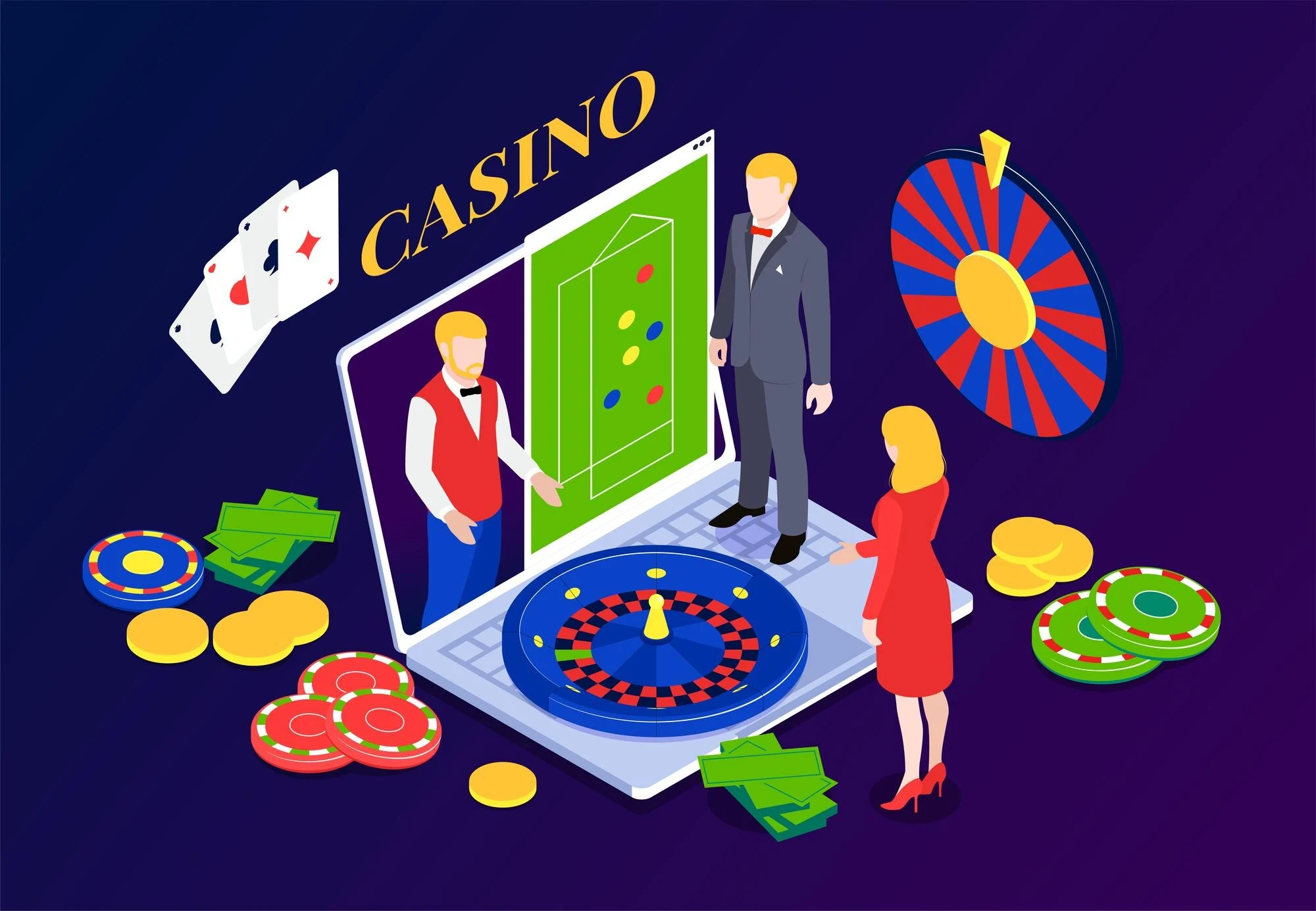Isometrisk nettcasino med rulett, spillekort og spillere